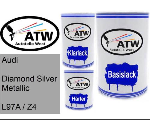 Audi, Diamond Silver Metallic, L97A / Z4: 500ml Lackdose + 500ml Klarlack + 250ml Härter - Set, von ATW Autoteile West.